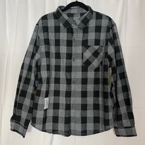 Hua Quan M Plaid Flannel Shirt Black Gray Button-Up Long Sleeve Casual
